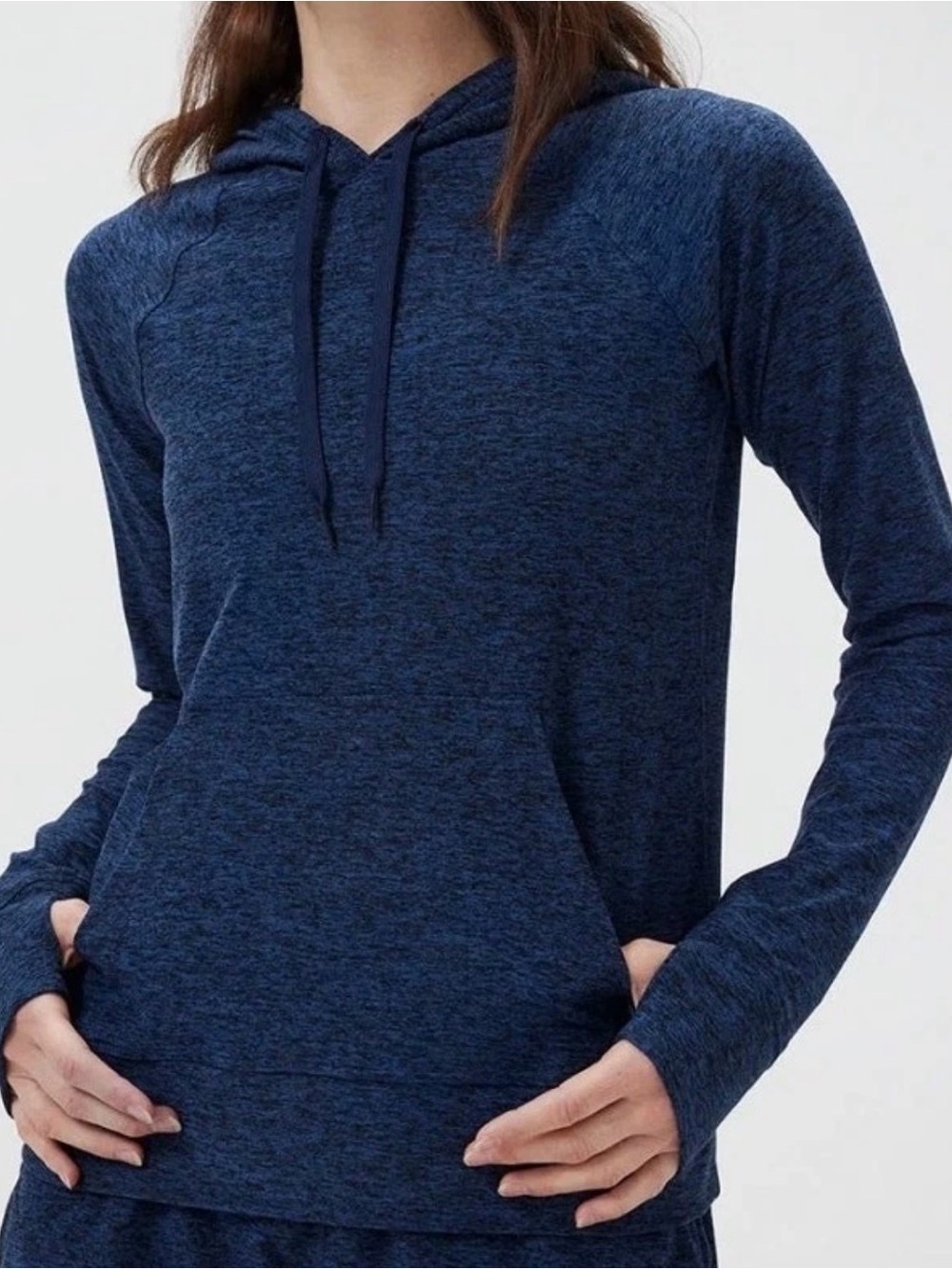 Outdoor Voices Women’s Heathered Navy Blue Hoodie with kangaroo pocket. Medium